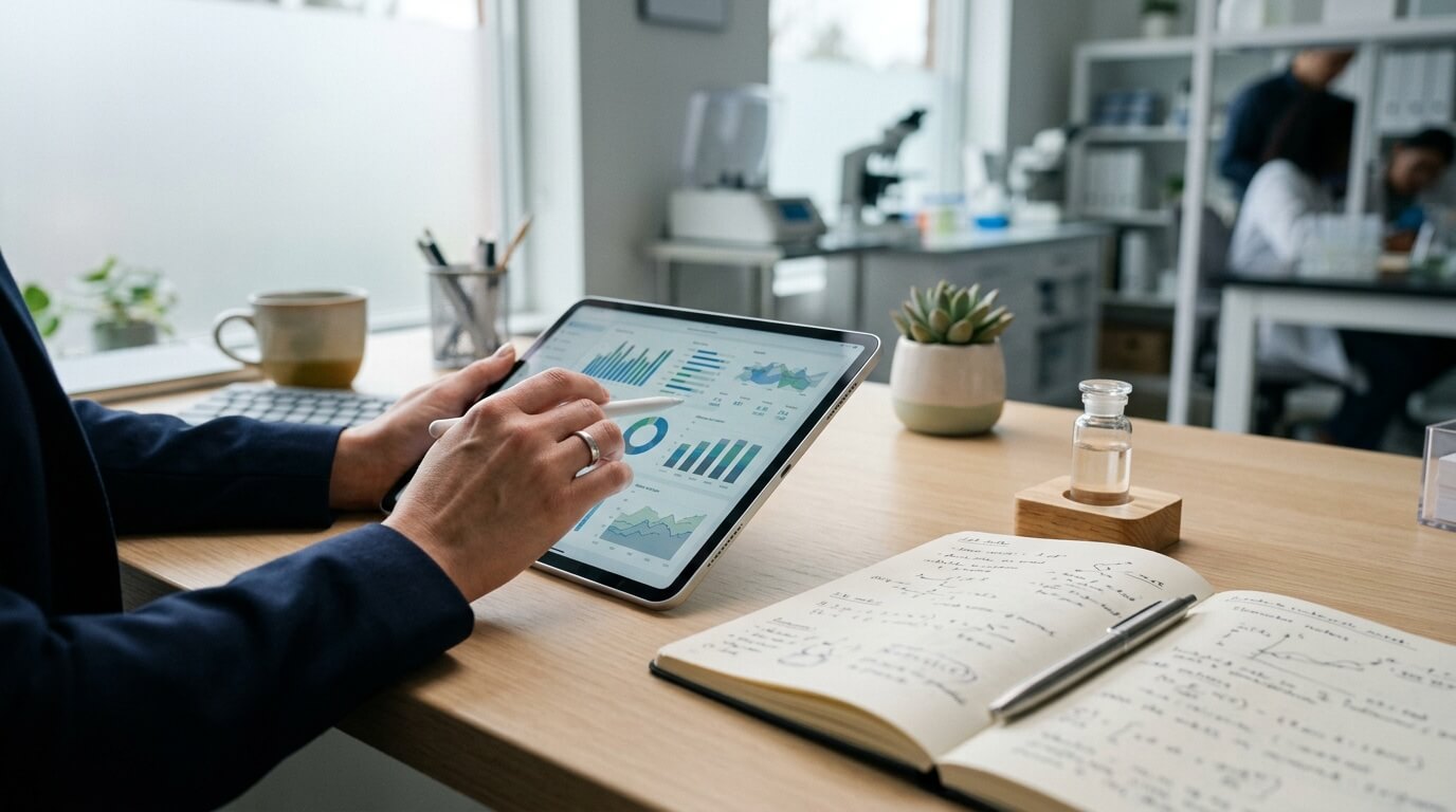 Clinician reviewing biomarker data beside a vial
